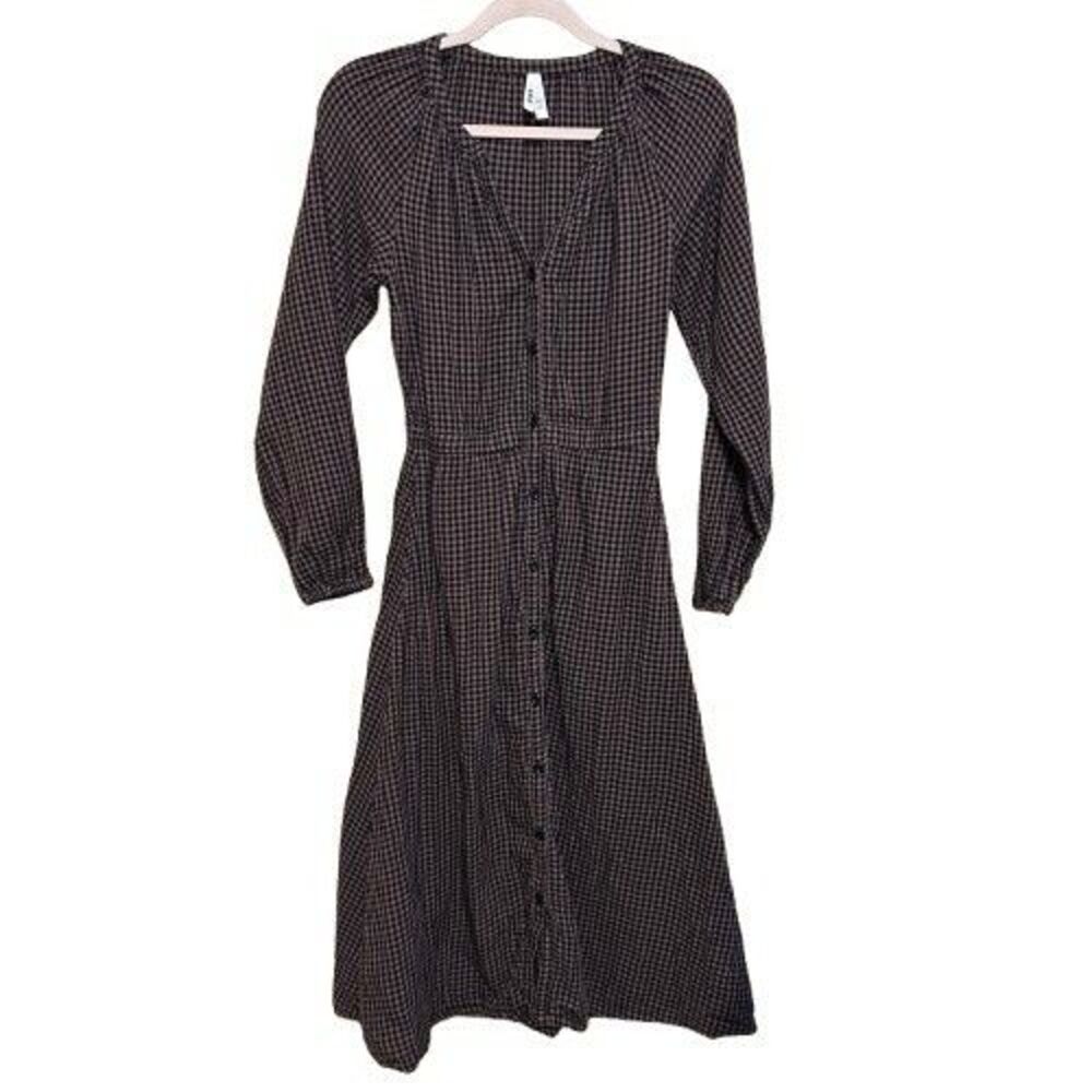 Pact Coastal Double Gauze Poet Sleeve Dress Womens XS Gingham Plaid Autumn Fall